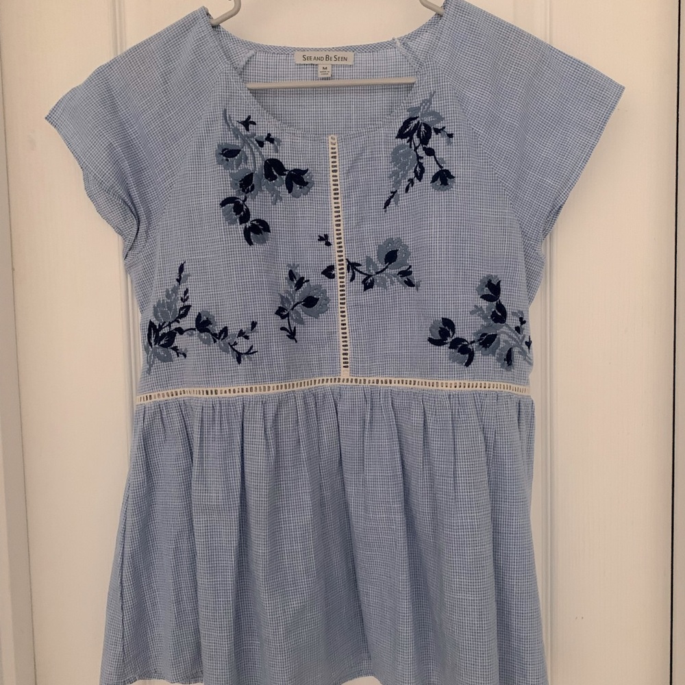Embroidered blue checkered top